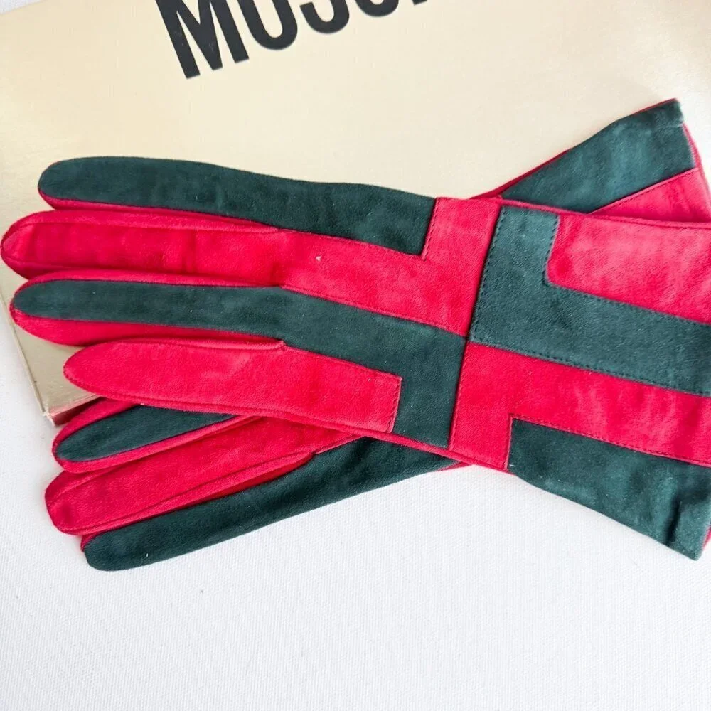 Moschino Red Black Colorblock Suede Gloves w Original Packaging S